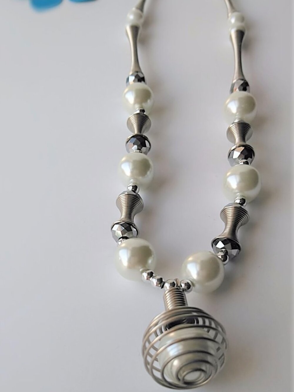 Elegant Pearl & Silver Statement Necklace | Chunky Beaded Pendant Necklace